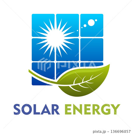 Solar energy technology icon with sun rays, square solar panels and green leaf. Vector emblem symbolizing clean, renewable energy, electricity production and modern green, eco friendly innovation 136696857