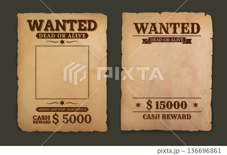 Vintage western wanted vector poster on rough parchment background. Vector cowboy and sheriff wanted dead or alive mockup banner with criminal photo frame and cash reward notice, criminal research Vintage western wanted vector poster on rough parchment background. Vector cowboy and sheriff wanted dead or alive mockup banner with criminal photo frame and cash reward notice, criminal research 136696861