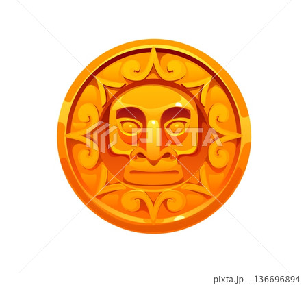 Aztec ethnic golden sun medallion mobile game icon. Fantasy videogame Mexican Maya tribe golden medallion or coin accessory, Aztec culture or religion game asset vector item or RPG gaming icon 136696894