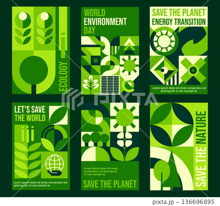 Ecology and environment posters with geometric Bauhaus patterns. Nature and environment protection vector poster templates. Save planet ecology banner or flyer with plant green leaves Bauhaus patterns Ecology and environment posters with geometric Bauhaus patterns. Nature and environment protection vector poster templates. Save planet ecology banner or flyer with plant green leaves Bauhaus patterns 136696895