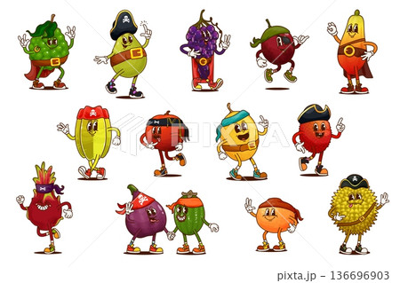 Groovy tropical fruit pirate and corsair characters. Playful vector grape, pear, plum, mango and apple, lemon, orange and rambutan retro characters with bandanas and earrings, children adventure Groovy tropical fruit pirate and corsair characters. Playful vector grape, pear, plum, mango and apple, lemon, orange and rambutan retro characters with bandanas and earrings, children adventure 136696903