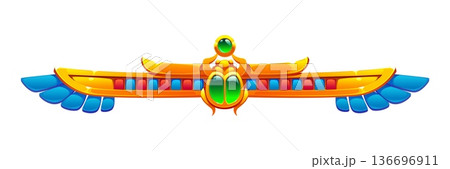 Ancient Egypt ornament, Egyptian divider vector frame border. Cartoon golden Egyptian scarab with green jewel body spreads wide stylized blue wings, accented by red and turquoise rectangular inlays Ancient Egypt ornament, Egyptian divider vector frame border. Cartoon golden Egyptian scarab with green jewel body spreads wide stylized blue wings, accented by red and turquoise rectangular inlays 136696911