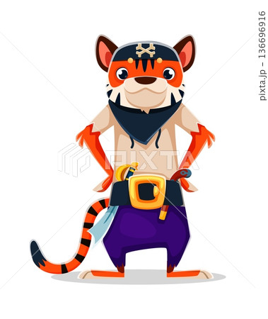 Cartoon tiger animal pirate crew character. Isolated vector confident corsair personage standing proudly with a sword in belt and hands on hips, wearing bandana and evokes adventure and heroic spirit 136696916