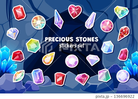 Cartoon gems and gemstones stickers pack. Jewelry precious ruby gem vector tag, treasure shinny sapphire crystal label. Magic emerald gemstone sticker or diamond minerals patch 136696922