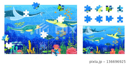 Pieces of jigsaw puzzle game, underwater prehistoric dinosaurs and reptiles. Find piece kids game, jigsaw puzzle quiz or riddle vector worksheet with aquatic underwater dinosaurs cartoon characters Pieces of jigsaw puzzle game, underwater prehistoric dinosaurs and reptiles. Find piece kids game, jigsaw puzzle quiz or riddle vector worksheet with aquatic underwater dinosaurs cartoon characters 136696925