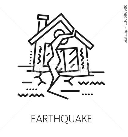 Earthquake natural disaster, global cataclysm line icon. Natural catastrophe lineart icon, global destruction accident vector sign. Earthquake disaster pictogram with broken, crushed house building Earthquake natural disaster, global cataclysm line icon. Natural catastrophe lineart icon, global destruction accident vector sign. Earthquake disaster pictogram with broken, crushed house building 136696980