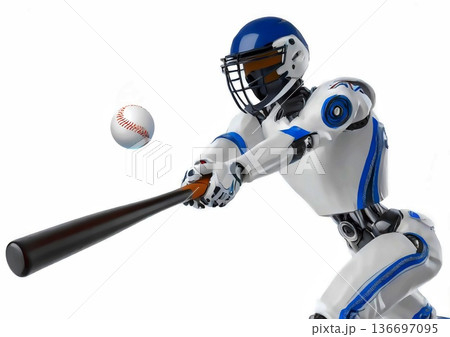 野球をする人型ロボットと白背景 野球をする人型ロボットと白背景 136697095