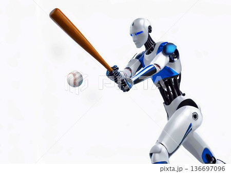 野球をする人型ロボットと白背景 136697096