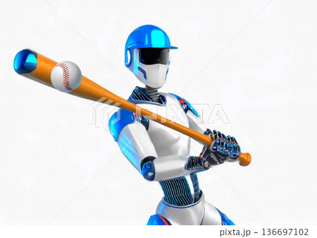 野球をする人型ロボットと白背景 野球をする人型ロボットと白背景 136697102
