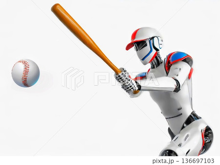 野球をする人型ロボットと白背景 136697103