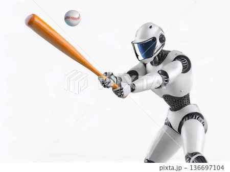野球をする人型ロボットと白背景 136697104