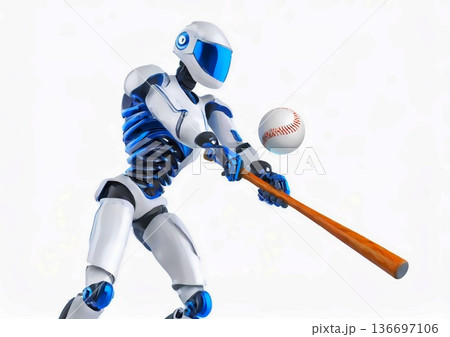 野球をする人型ロボットと白背景 野球をする人型ロボットと白背景 136697106