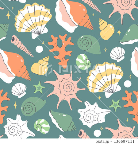 Seamless pattern with seashells, starfish, and pearls. Vector graphics. 136697111