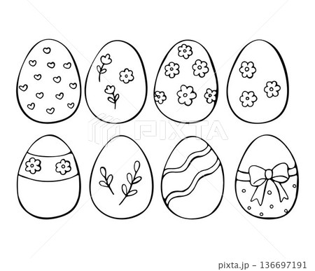 Hand Drawn Easter Eggs Coloring Illustration Set 136697191