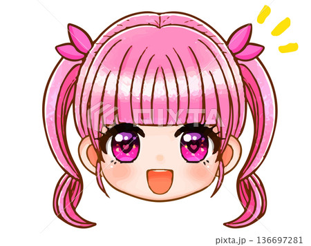 ツインテールピンク髪のちびキャラ女子のアニメ顔アイコンイラスト素材2 ツインテールピンク髪のちびキャラ女子のアニメ顔アイコンイラスト素材2 136697281