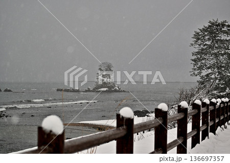 真冬の雨晴海岸　墨絵の世界　雪降る雨晴海岸 136697357
