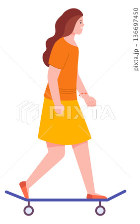 Young woman skating on wooden board color icon Young woman skating on wooden board color icon 136697450