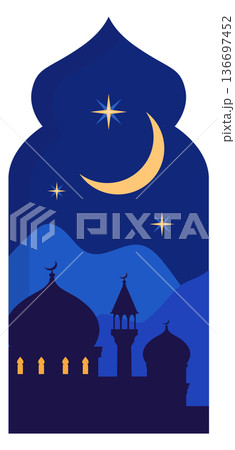 Ornate arabian window night silhouettes. Ramadan holiday 136697452