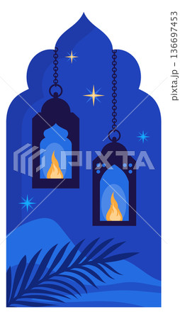 Festival ramadan light in ornate frame. Eastern holiday window Festival ramadan light in ornate frame. Eastern holiday window 136697453