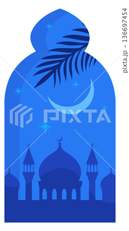 Arabian night in window frame. Ornate mosque silhouette Arabian night in window frame. Ornate mosque silhouette 136697454
