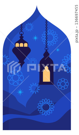 Eastern lantern glow in arch frame. Ramadan decoration 136697455
