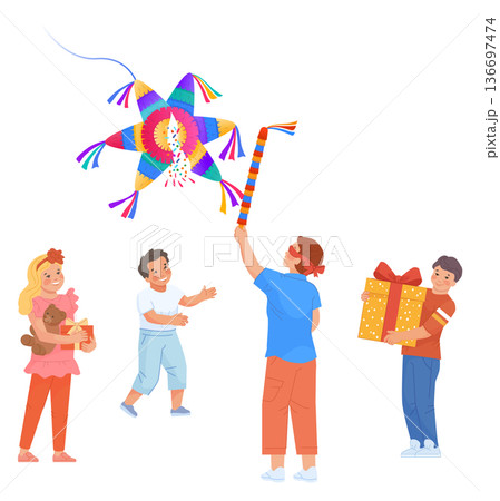 Kids beating pinata on party. Traditional mexican holiday activity 136697474