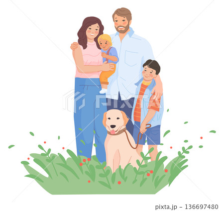 Happy family together. Parents and kids with dog. 136697480