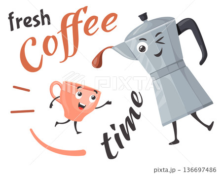 Fresh coffee time illustration. Cute mocha pot and cup characters Fresh coffee time illustration. Cute mocha pot and cup characters 136697486