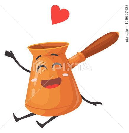Cezve mascot. Lovely turkish coffee pot character Cezve mascot. Lovely turkish coffee pot character 136697488