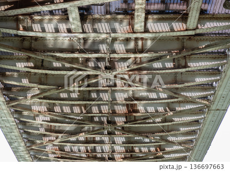 A detailed view of the Kew Railway Bridge (Strand-on-the-Green) showcases the bolted steel plate construction and X-shaped bracing typical of Victorian engineering. A detailed view of the Kew Railway Bridge (Strand-on-the-Green) showcases the bolted steel plate construction and X-shaped bracing typical of Victorian engineering. 136697663