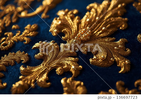 重厚な金糸刺繍とロイヤルブルーのベルベット背景素材 136697723