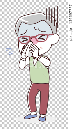Illustration of a senior man blowing his nose with a tissue (cold, runny nose, hay fever) Illustration of a senior man blowing his nose with a tissue (cold, runny nose, hay fever) 136697777