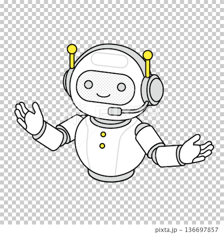 Isometric line drawing illustration of a chatbot robot giving guidance 136697857