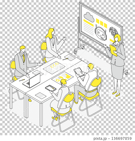 Isometric illustration of people at a business meeting discussing the introduction of AI 136697859