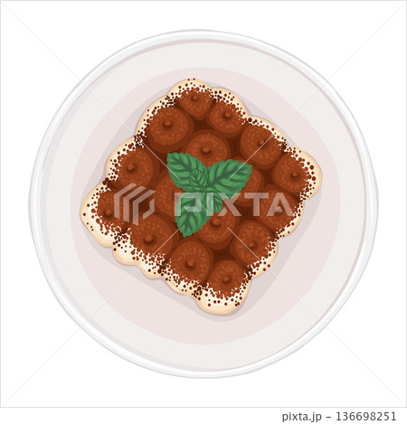 Tiramisu cake top view vector cartoon illustration. Italian food dessert with chocolate and mint for mediterranean cafe menu and template. Isolated pastry drawing perfect for delivery graphic. 136698251