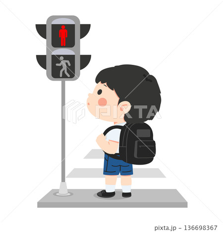 Child Waiting at Crosswalk for Green Light 136698367