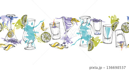Alcoholic beverages, bar cocktails and shots with citrus and flame garnish. Turquoise and lavender seamless vector banner with ink glass silhouettes. Headers, nightlife promotions, packaging accents 136698537