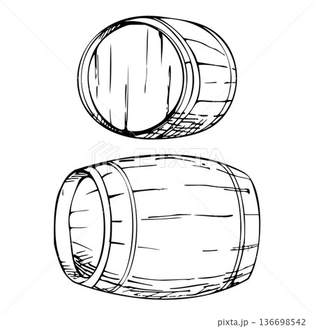 Classic wooden wine or sherry cask, rustic copper hardware, heritage vineyard cellar element. Vector illustration hand drawn in ink for alcohol labels, advertising, menu, event graphics, tasting rooms Classic wooden wine or sherry cask, rustic copper hardware, heritage vineyard cellar element. Vector illustration hand drawn in ink for alcohol labels, advertising, menu, event graphics, tasting rooms 136698542