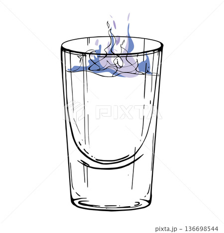 Flaming Sambuca vector shot with stylized blue flame and glossy glass hand drawn in ink. Transparent drinks, vodka, grappa. Isolated illustration hand drawn for energetic bar branding, poster design. 136698544