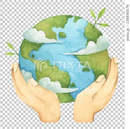Hands holding earth watercolor illustration, earth in hands representing environmental science, conservation, environmentally friendly lifestyle, global ecology protection, clean safe healthy world. Hands holding earth watercolor illustration, earth in hands representing environmental science, conservation, environmentally friendly lifestyle, global ecology protection, clean safe healthy world. 136698576