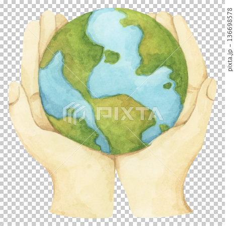 Hands holding earth watercolor illustration, earth in hands representing environmental science, conservation, environmentally friendly lifestyle, global ecology protection, clean safe healthy world. 136698578