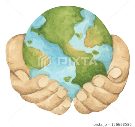 Hands holding earth watercolor illustration, earth in hands representing environmental science, conservation, environmentally friendly lifestyle, global ecology protection, clean safe healthy world. 136698580