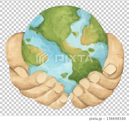 Hands holding earth watercolor illustration, earth in hands representing environmental science, conservation, environmentally friendly lifestyle, global ecology protection, clean safe healthy world. Hands holding earth watercolor illustration, earth in hands representing environmental science, conservation, environmentally friendly lifestyle, global ecology protection, clean safe healthy world. 136698580