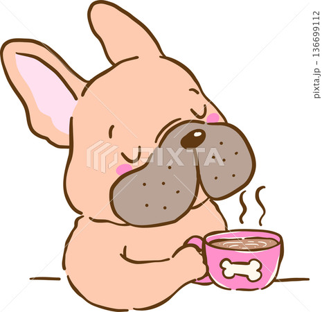 French Bulldog Enjoying Coffee From Home Cartoon Hand Drawn 136699112