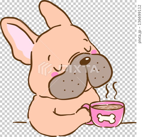 French Bulldog Enjoying Coffee From Home Cartoon Hand Drawn 136699112