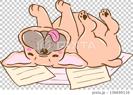 Sleepy French Bulldog Work From Home Lying Belly Up on Papers Cartoon Hand Drawn 136699116