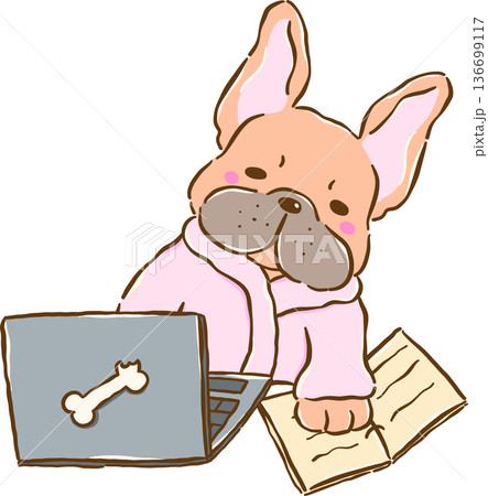 Sleepy French Bulldog Work From Home o Laptop Cartoon Hand Drawn 136699117