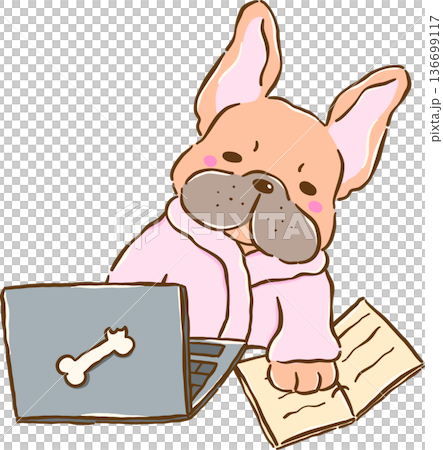 Sleepy French Bulldog Work From Home o Laptop Cartoon Hand Drawn 136699117