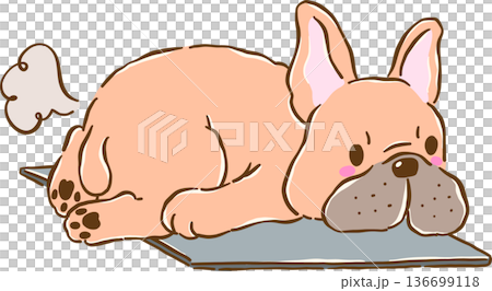 Grumpy French Bulldog Work From Home Sploot on Laptop Cartoon Hand Drawn 136699118