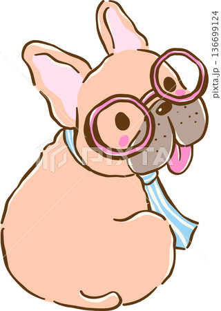 Cute French Bulldog Work From Home Wearing Glasses and Tie Cartoon Hand Drawn 136699124
